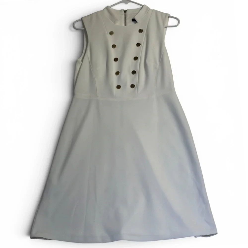 Tommy Hilfiger Fit & Flare Dress 6 White Womens Gold Button Mock Neck Excellent